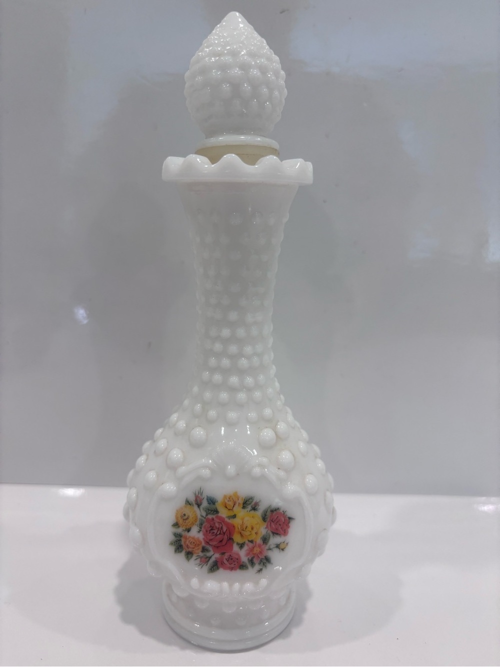 Vintage AVON White Hobnail Milk Glass Perfume Decanter Bottle W/ Stopper Floral